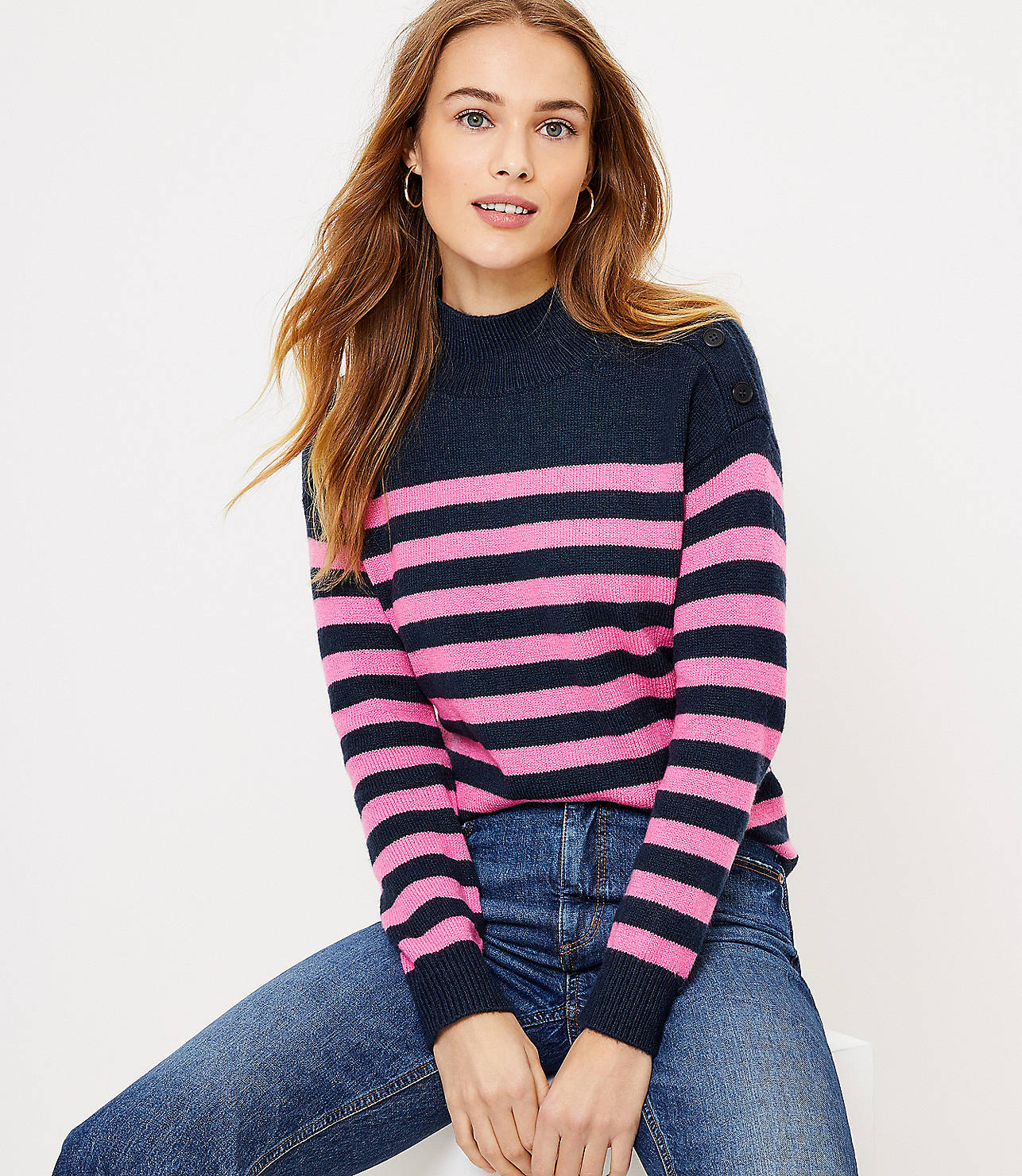Petite Striped Shoulder Button Sweater