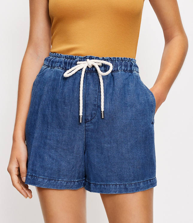 The Cotton Linen Denim Pull On Short in Dark Indigo LOFT