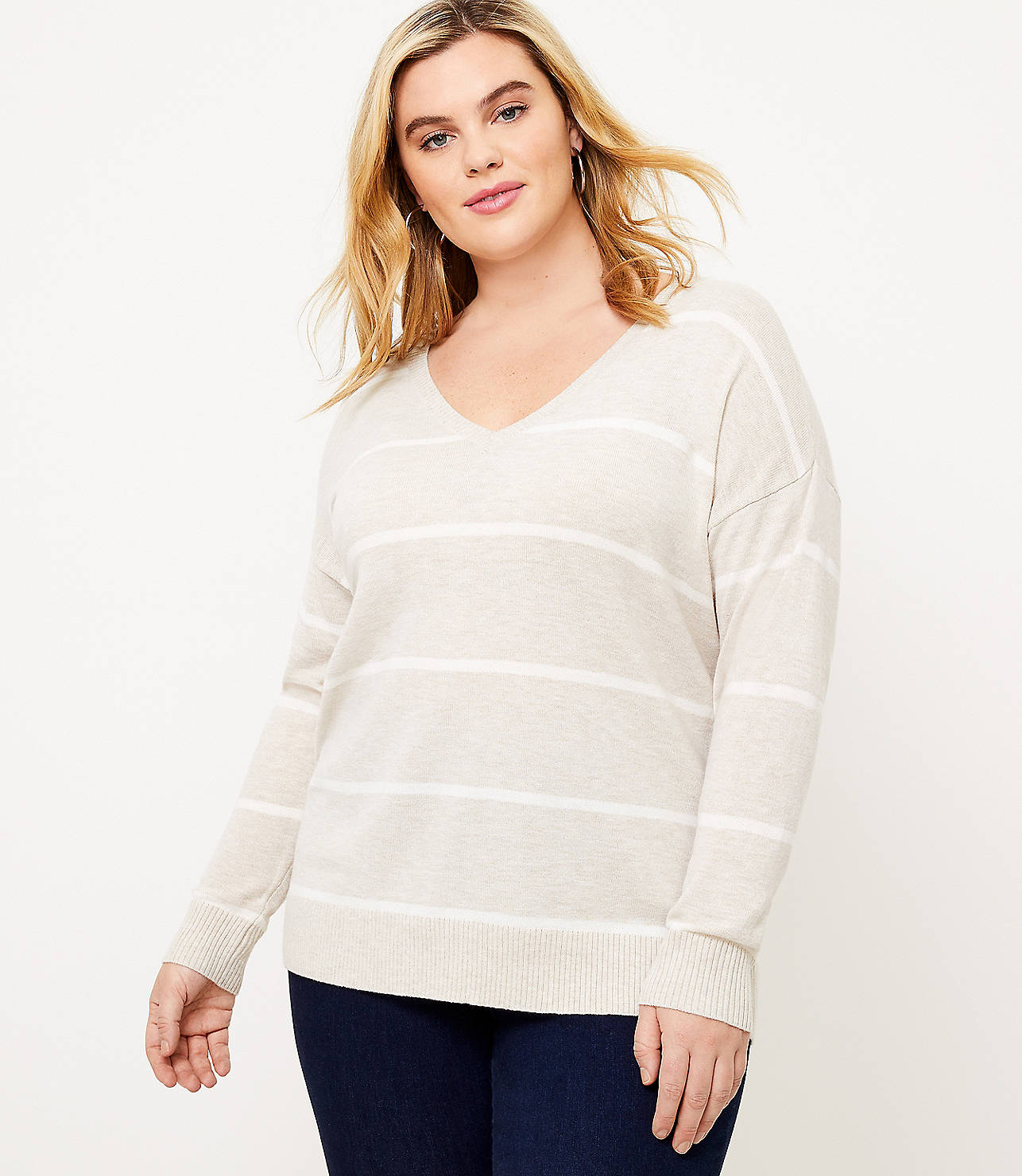 LOFT Plus Striped V-Neck Sweater