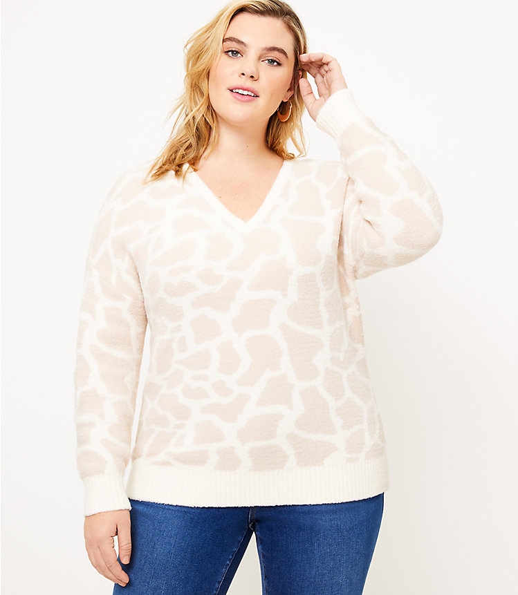 LOFT Plus Animal Spotted V-Neck Sweater image number null
