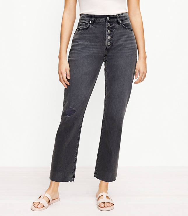 The Curvy Button Front Fresh Cut High Waist Straight Crop Jean in Washed Black Wash