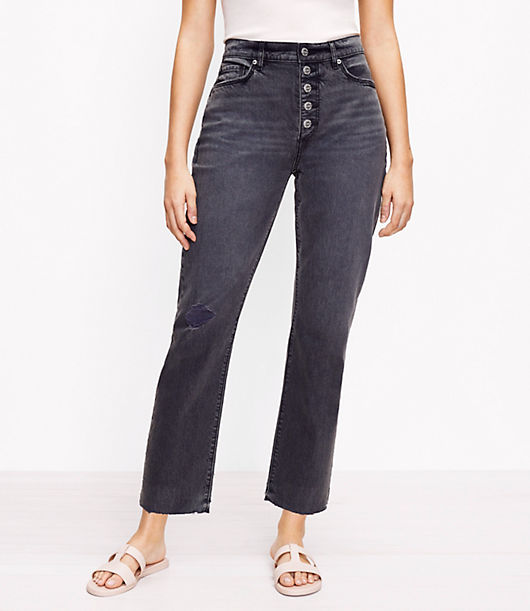 Loft Petite Curvy Button Front Fresh Cut High Rise Straight Crop Jeans in Washed Black Wash