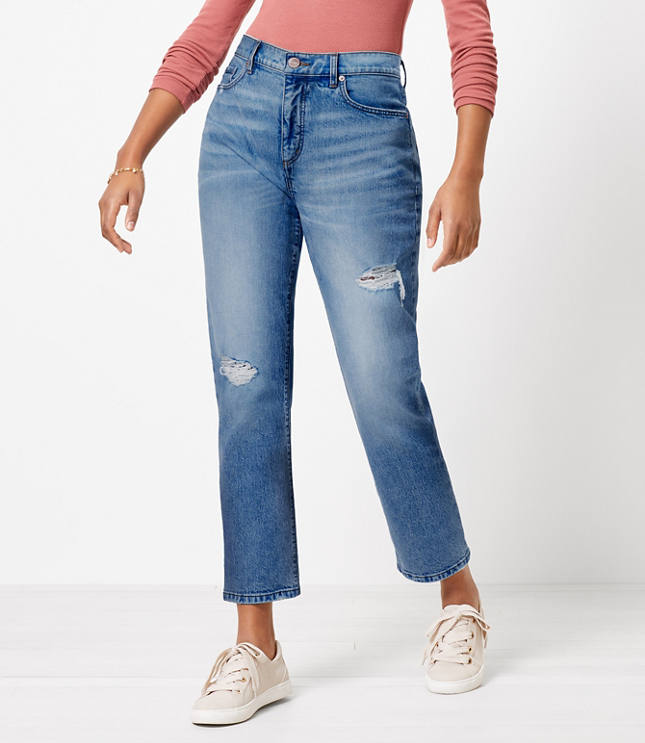 Loft Tall Curvy Destructed High Rise Straight Crop Jeans in Authentic Light Indigo Wash