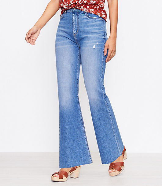 Loft Curvy Fresh Cut High Rise Sandal Flare Jeans in Staple Mid Indigo Wash