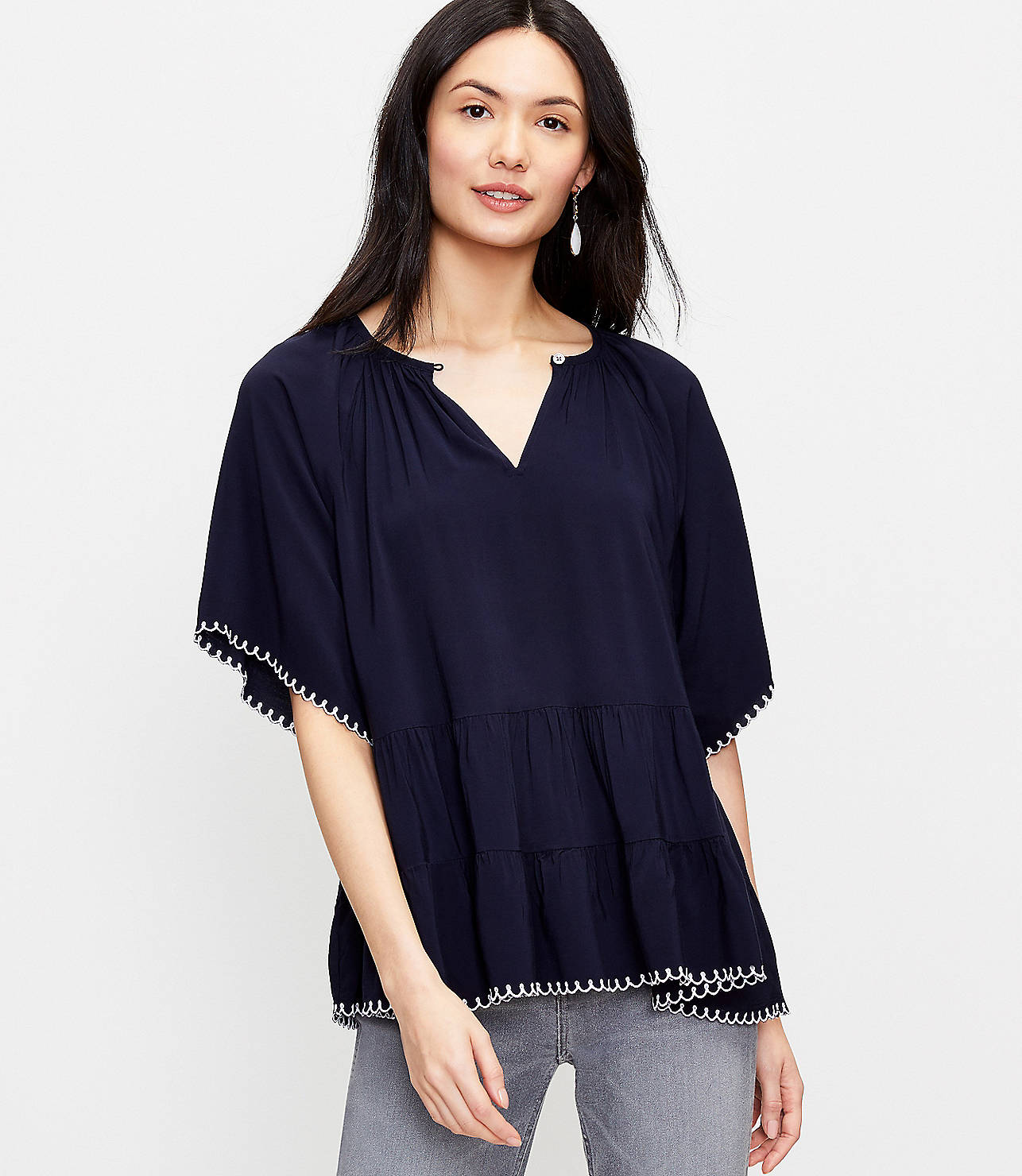 Petite Embroidered Tiered Top