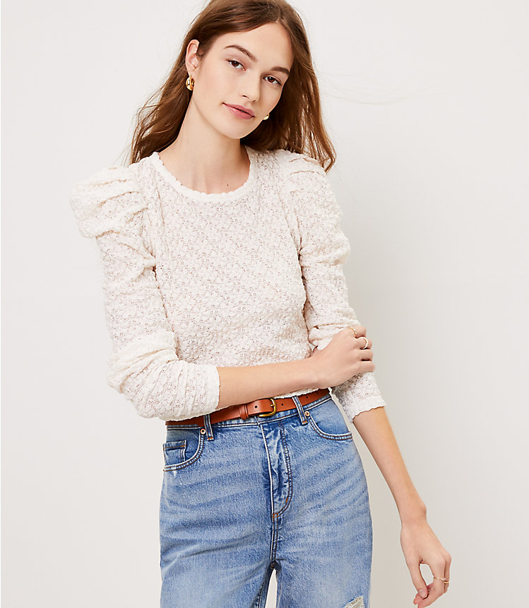 Floral Lace Pleated Puff Sleeve Top  image number 0