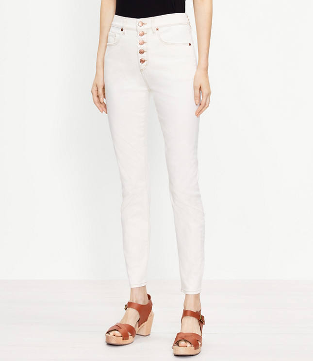 Button Front High Rise Skinny Jeans in Natural White