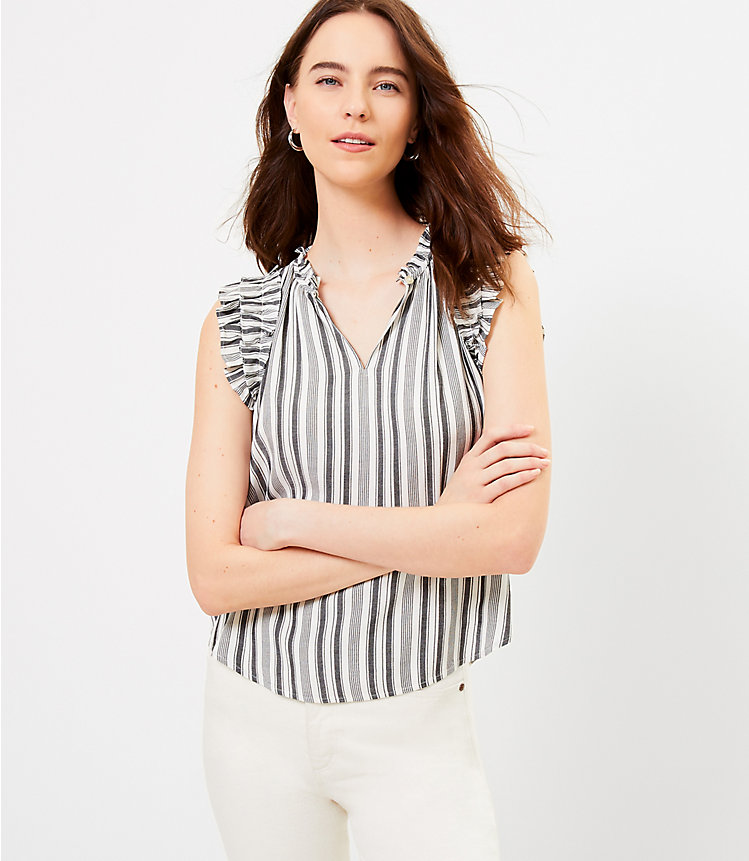 Striped Ruffle Split Neck Shell image number 0