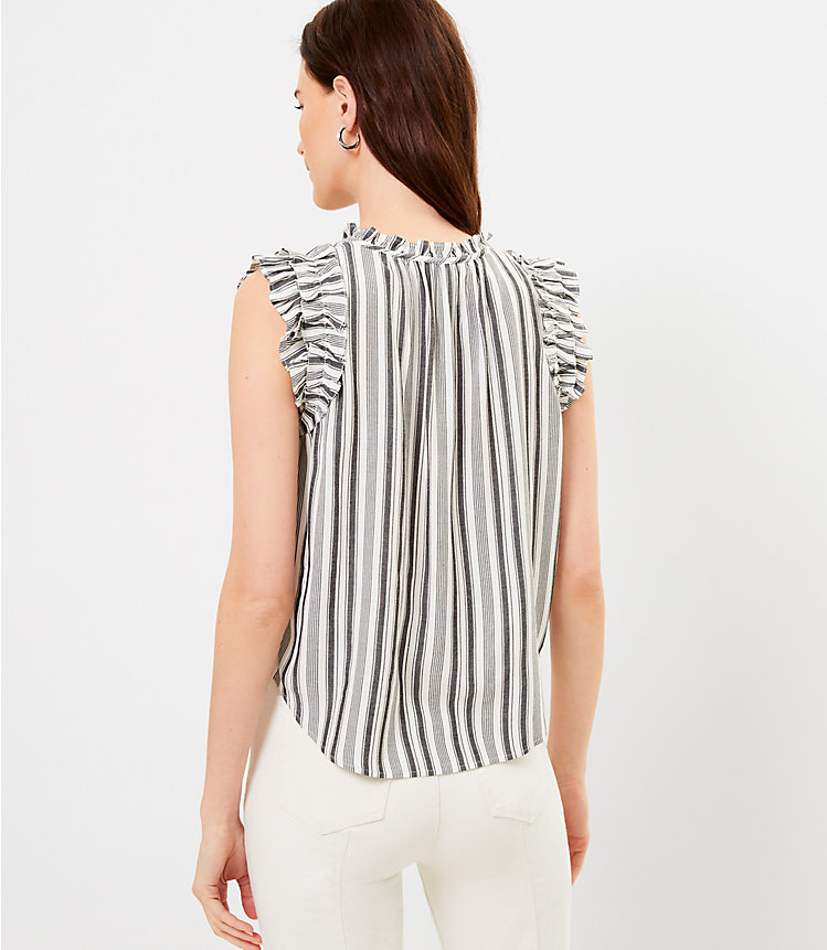 Striped Ruffle Split Neck Shell image number 2