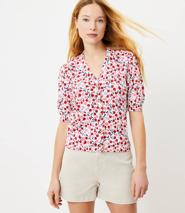 Cherry Puff Sleeve V-Neck Cardigan