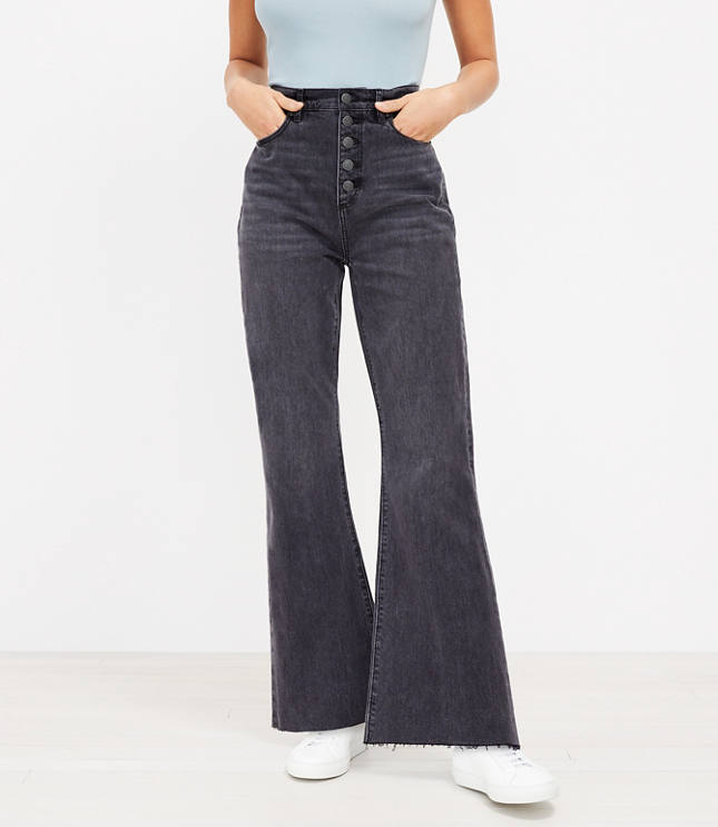 Loft Button Front High Rise Sandal Flare Jeans in Black