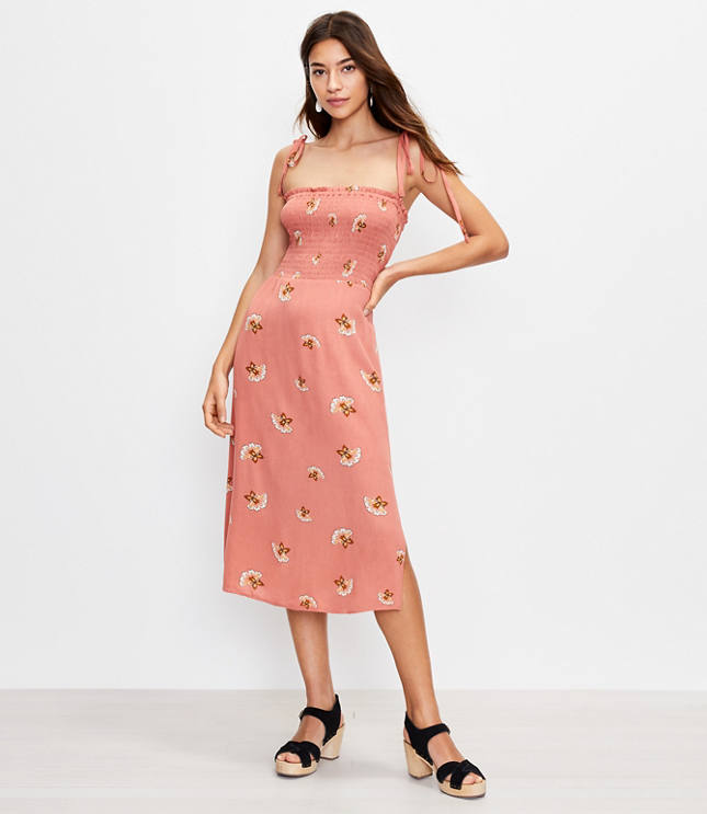 Loft LOFT Beach Floral Smocked Tie Strap Midi Dress