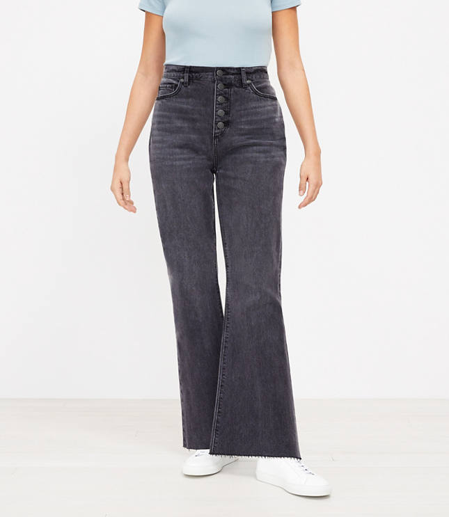 Loft The Curvy Button Front High Waist Sandal Flare Jean in Black