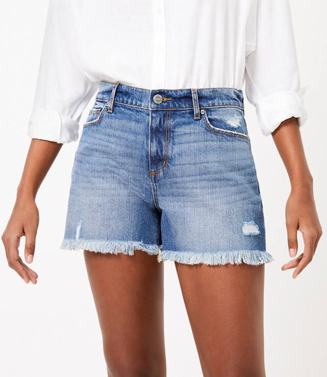 Loft Petite Curvy High Rise Cut Off Denim Shorts in Rich Indigo