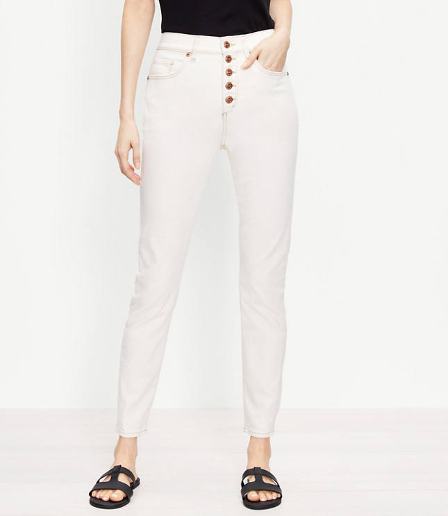 Curvy Button Front High Rise Skinny Jeans in Natural White