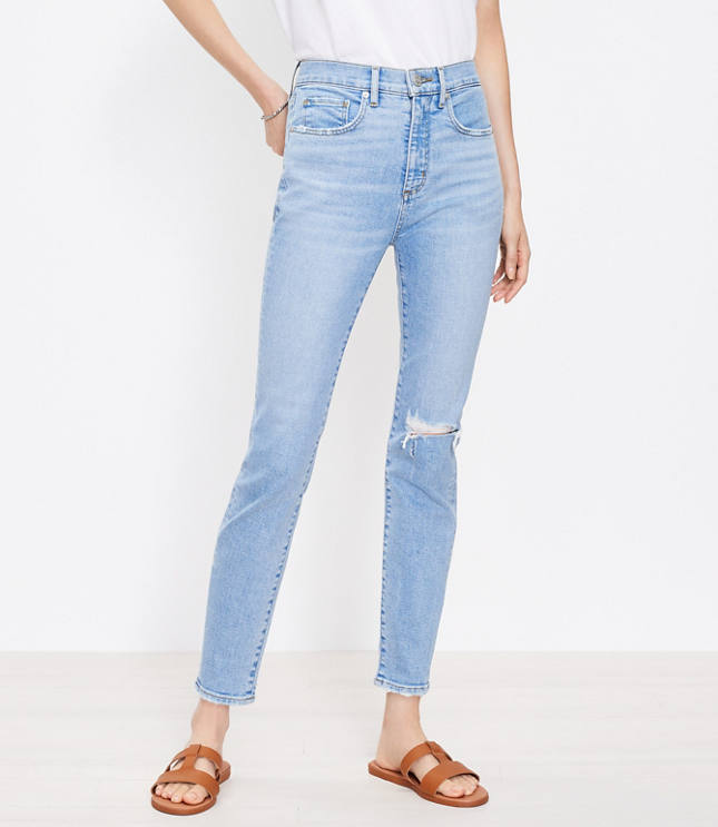 Loft The Destructed High Waist Skinny Ankle Jean in Vivid Light Indigo Wash