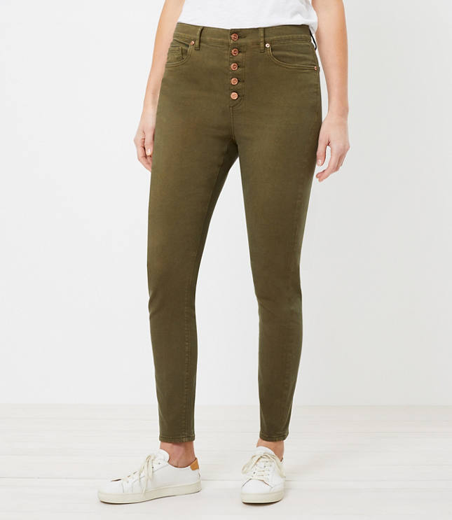 The Curvy High Waist Button Front Skinny Jean in Vintage Olive