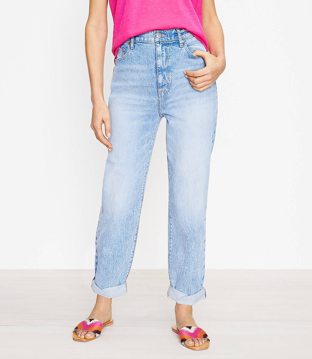 Destructed High Rise Boyfriend Jeans in Bleached Wash