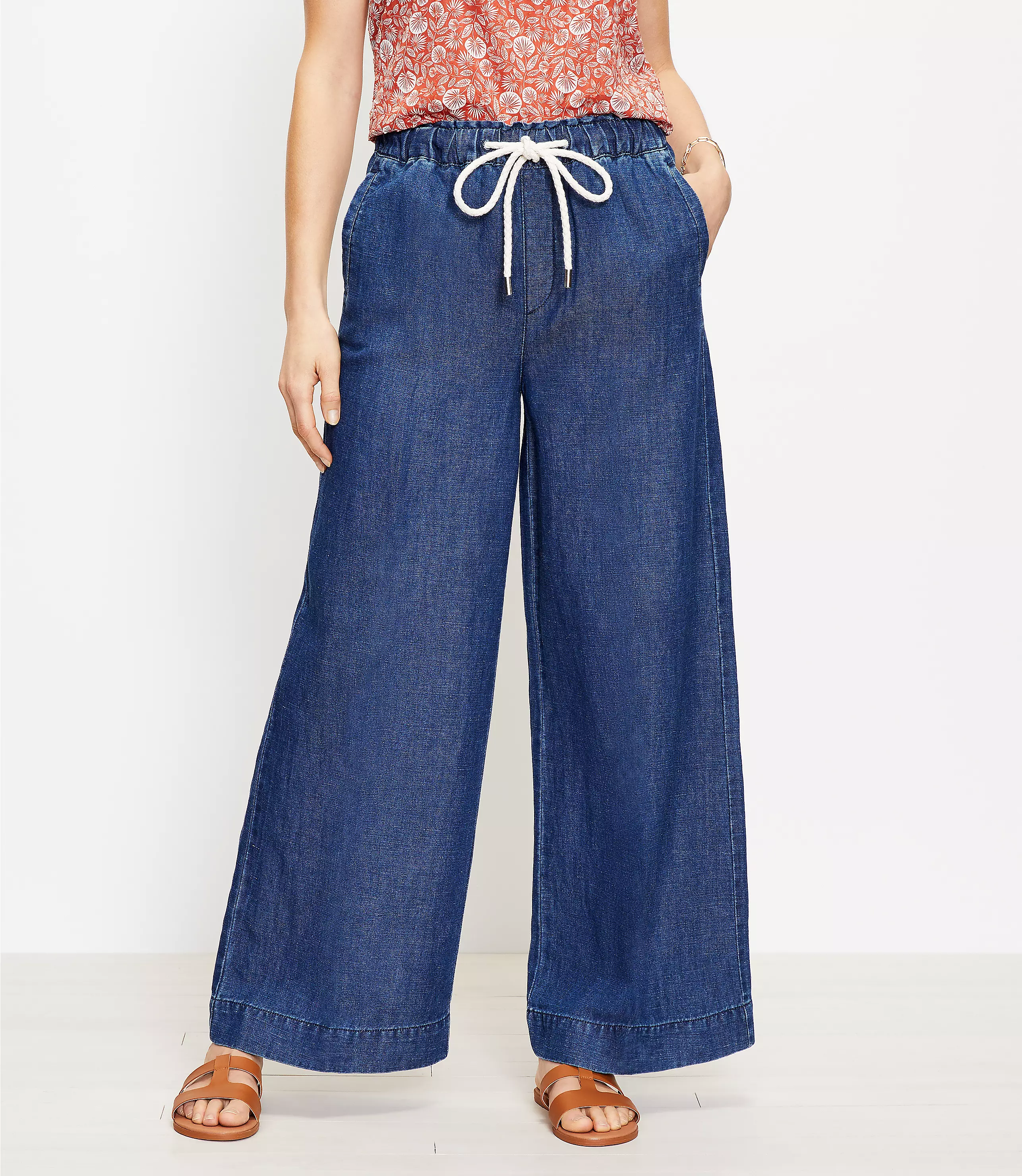 High Rise Cotton Linen Pull On Wide Leg Jeans in Indigo Seas