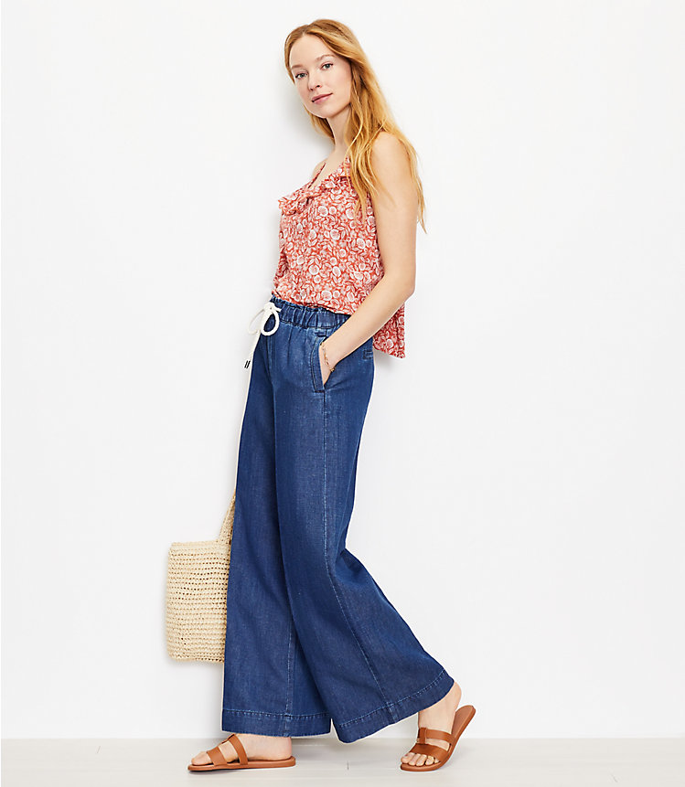 High Rise Cotton Linen Pull On Wide Leg Jeans in Indigo Seas image number 1