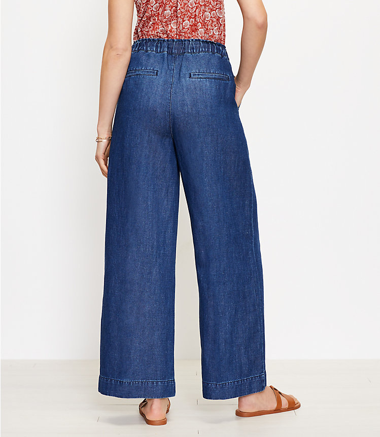 High Rise Cotton Linen Pull On Wide Leg Jeans in Indigo Seas image number 2