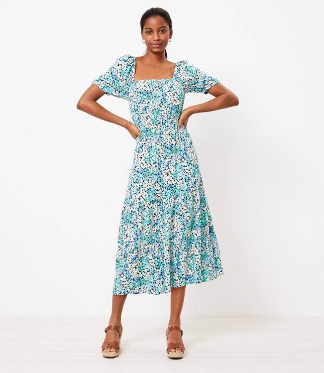 Loft Petite Floral Square Neck Midi Dress