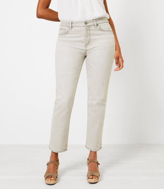 Loft Curvy High Rise Straight Crop Jeans in Light Grey Wash