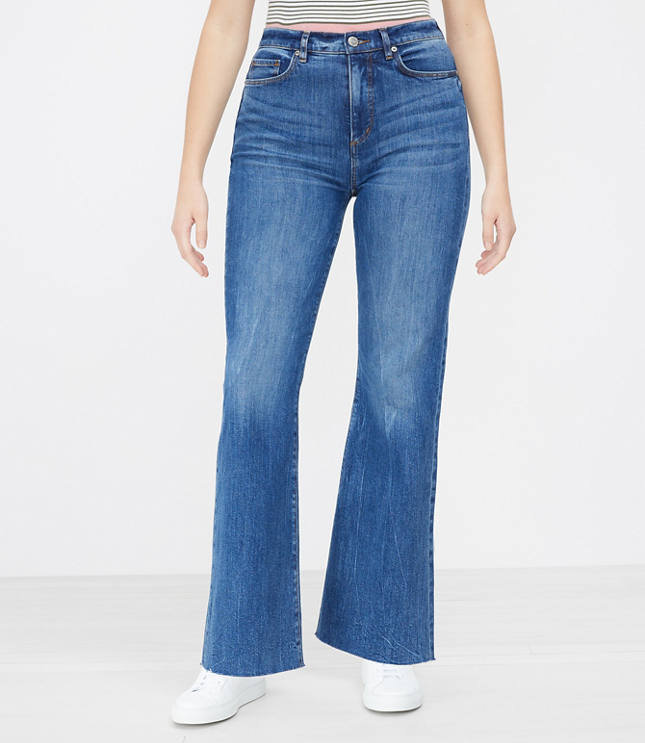 Loft Curvy Fresh Cut High Rise Sandal Flare Jeans in Dark Classic Indigo Wash