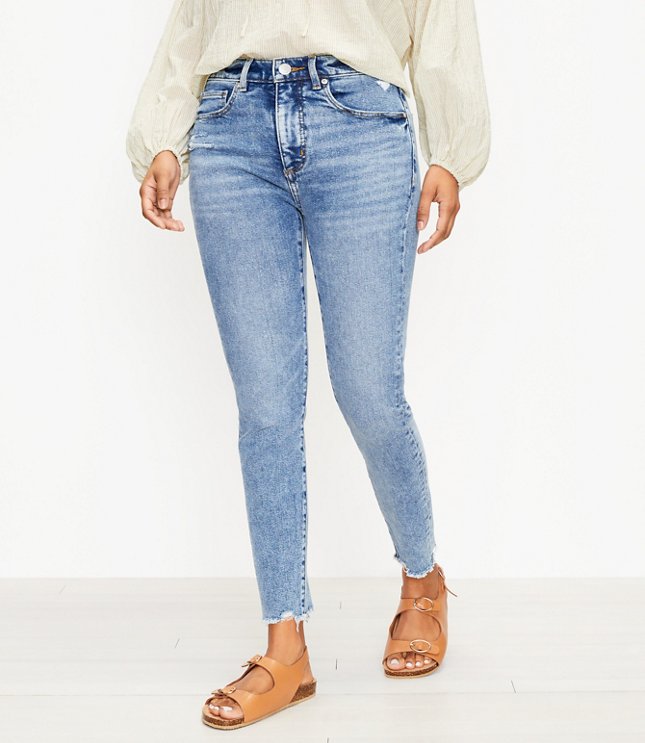 Loft Petite Curvy Frayed High Rise Skinny Ankle Jeans in Pure Mid Indigo Wash