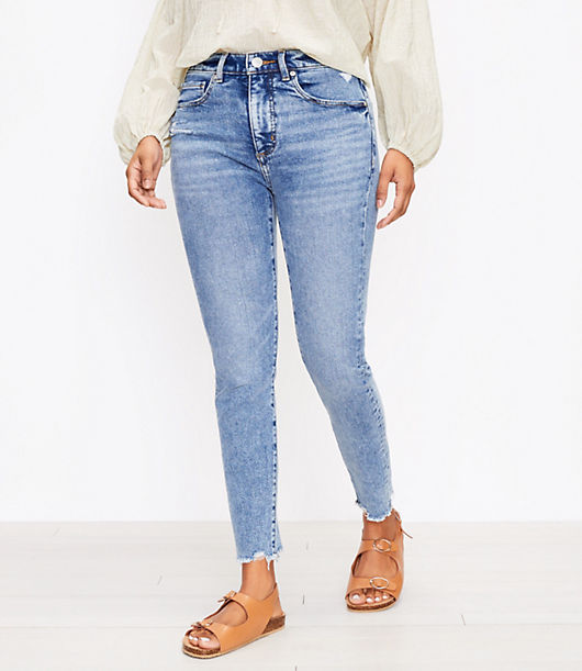 Loft Petite Curvy Frayed High Rise Skinny Ankle Jeans in Pure Mid Indigo Wash