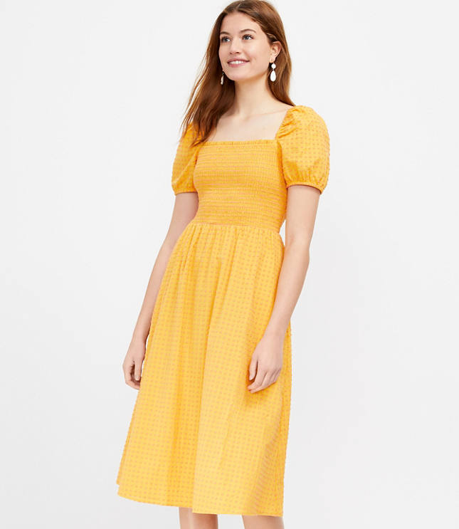 Loft Clip Smocked Puff Sleeve Pocket Midi Dress