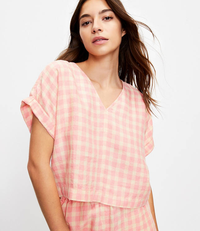 Petite Lou & Grey Gingham Linen V-Neck Top