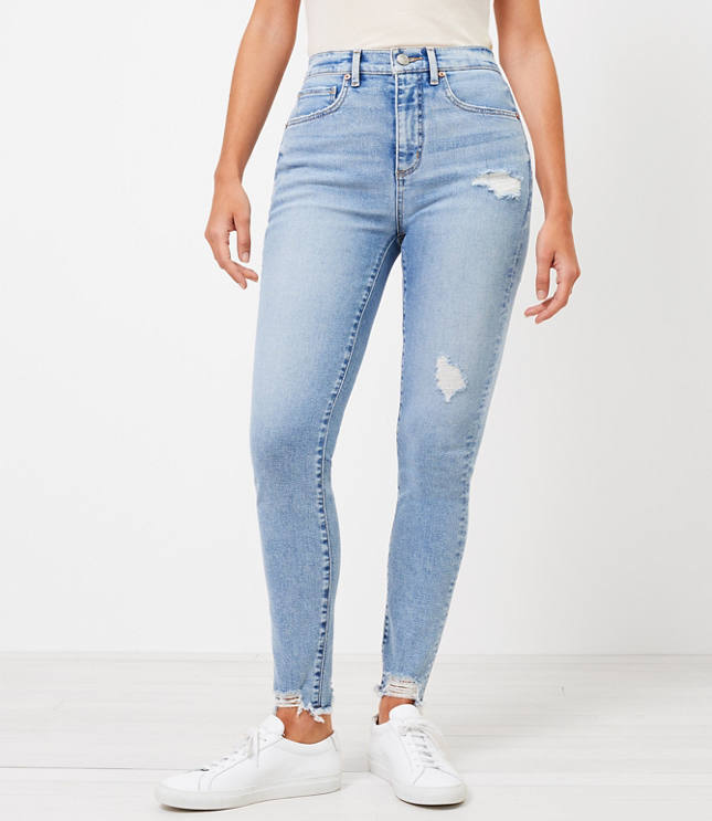 Loft Curvy Chewed Hem High Rise Skinny Jeans in Pure Light Indigo Wash
