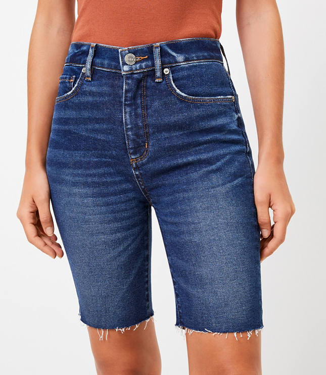 Loft Petite Fresh Cut Denim Bike Shorts in Dark Wash