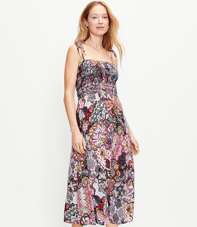 Loft Petite Floral Smocked Strappy Midi Dress