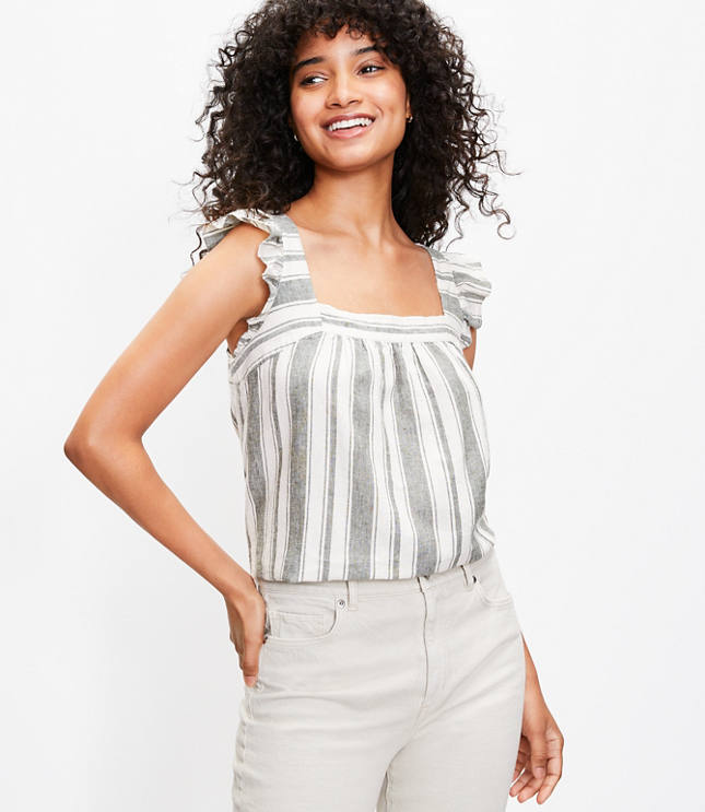 Striped Ruffle Shoulder Shell