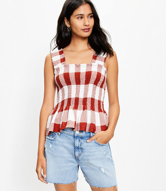 Gingham Smocked Peplum Tank Top