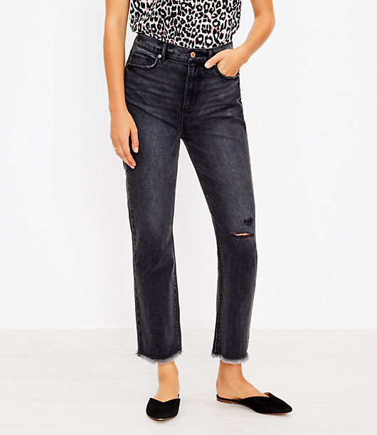 Loft Destructed High Rise Straight Crop Jeans in Washed Black Wash