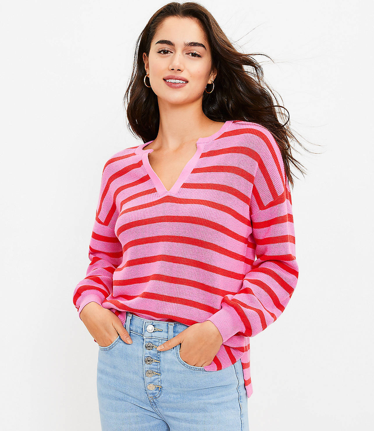 Stripe Textured Split Neck Sweater