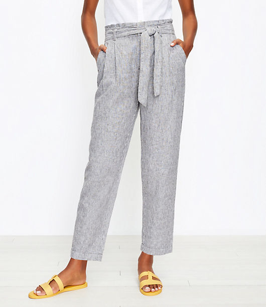 Loft Tall Paperbag Pull On Pants in Striped Linen Blend