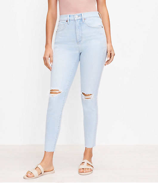 Loft The Curvy Destructed High Waist Skinny Ankle Jean in Bleach Out Wash