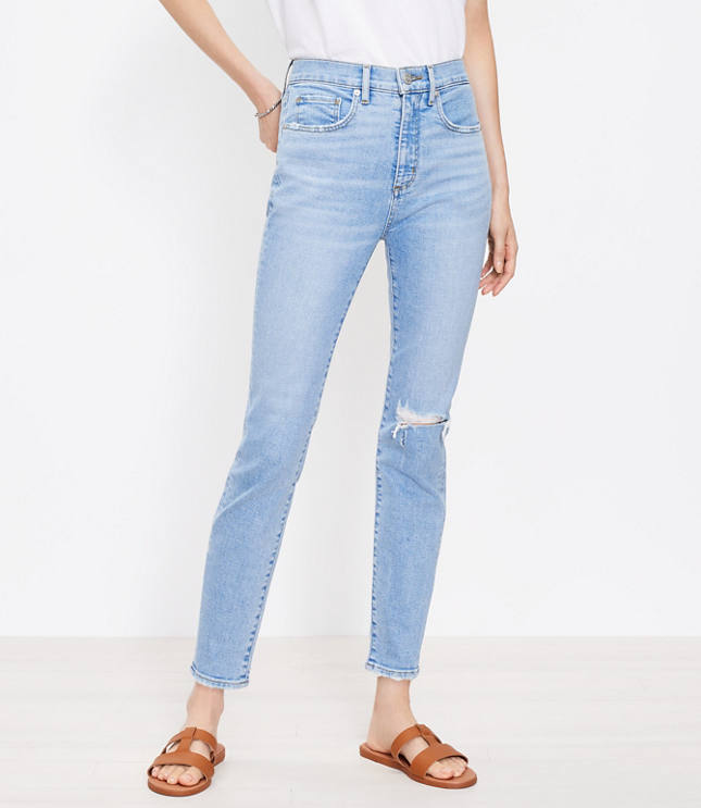 Loft Petite Destructed High Rise Skinny Ankle Jeans in Vivid Light Indigo Wash