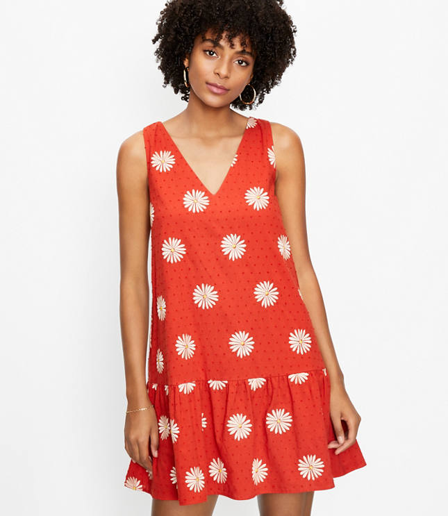 Loft Floral Embroidered V-Neck Flounce Dress