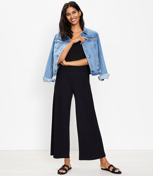 Petite Pull On Wide Leg Crop Pants In Rib Knit Loft