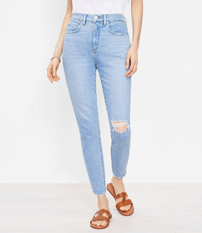 Loft Petite Curvy Destructed High Rise Skinny Ankle Jeans in Vivid Light Indigo Wash