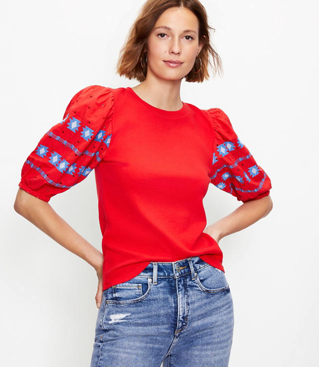 Loft Eyelet Ribbed Puff Sleeve Tee