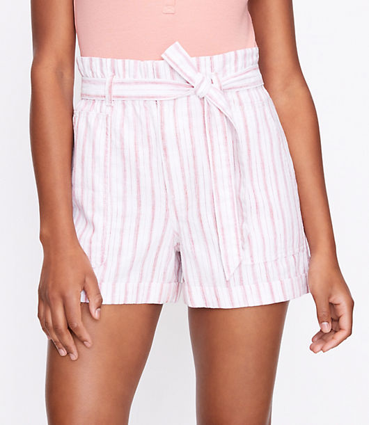Loft Petite Paperbag Pull On Shorts in Striped Linen Blend