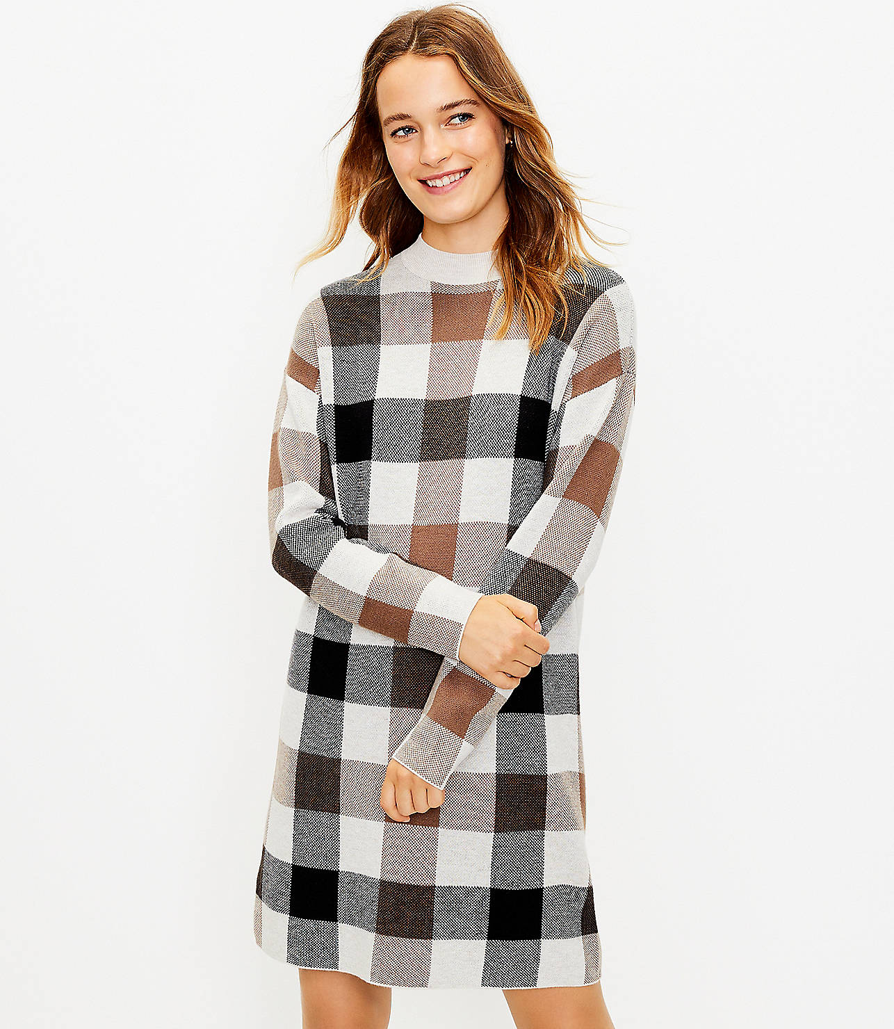 Checked Mock Neck Sweater Dress
