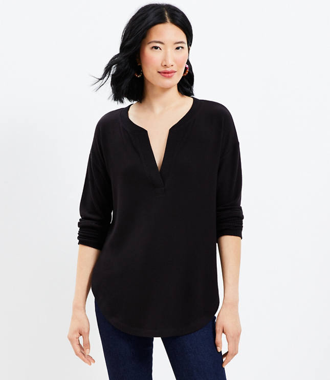 Split Neck Long Sleeve Top