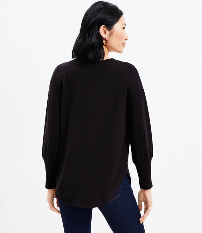 Rib Trim Cozy Split Neck Tunic Top